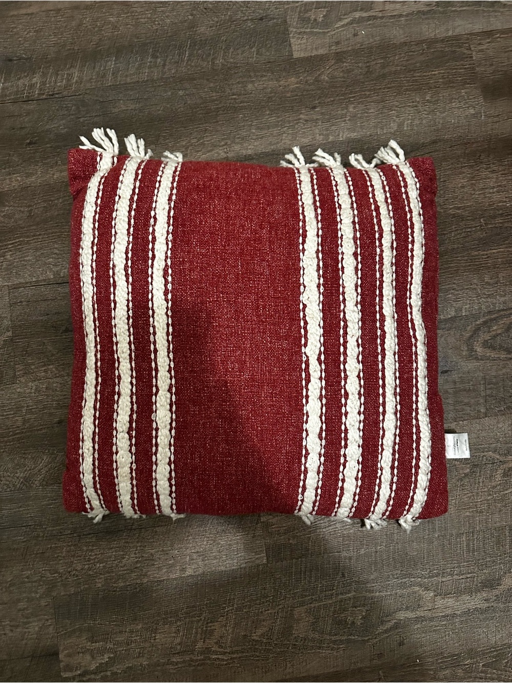 Festive Red Woven Stripe Holiday Throw Pillow with White Accents